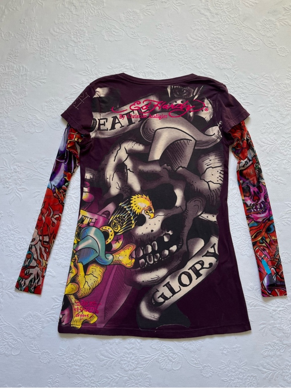 Vintage Ed Hardy Long Mesh Sleeve “Tattoo” Top Shirt M Vintage Y2K - Picture 10 of 15